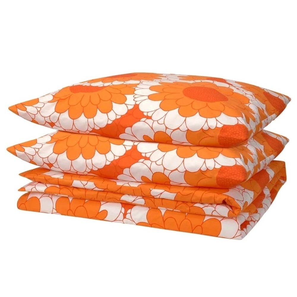 IKEA KRANSMALVA Orange & White Floral Full/Queen Duvet Cover & Pillowcases NEW